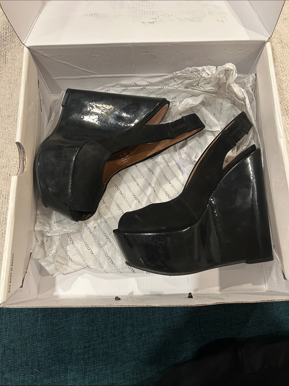 Aldo Black Patent Platform Wedge Slingbacks